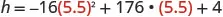 A mathematical equation is displayed, showing h = -16(5.5)^2 + 176 * (5.5) + 4, where the numbers 5.5 are highlighted in red.
