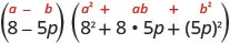 The image illustrates the difference of cubes factorization formula, (a - b)(a^2 + ab + b^2), with a specific example: (8 - 5p)(8^2 + 8 * 5p + (5p)^2).