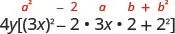 A mathematical expression showing the expansion of a perfect square trinomial, (3x - 2)^2, within brackets, multiplied by 4y, with the general form a^2 - 2ab + b^2 highlighted in red above.