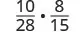 The image displays the multiplication of two fractions: 10/28 multiplied by 8/15, represented as (10/28)   (8/15).
