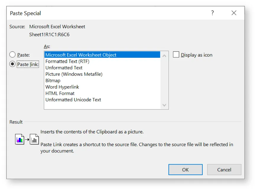 Paste Special window displays selected options for Paste link As: Microsoft Excel Worksheet Object. Options available: Paste, Display as icon. Result pane reads: Inserts the contents of the Clipboard as a picture.