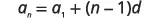 The image shows the formula for the nth term of an arithmetic progression, which is a_n = a_1 + (n-1)d.
