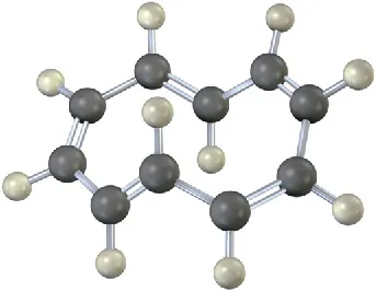 The ball-and-stick model shows a ten-membered ring with five alternate double bonds. The gray and black spheres represent hydrogen and carbon atoms, respectively.