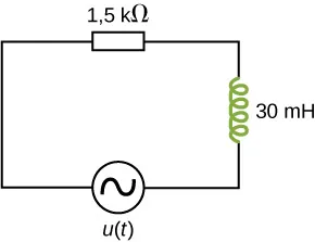 Obwód szeregowy ze źródłem napięcia V z t w nawiasach, 30 mH cewka indukcyjna i 1,5 kiloomowy opornik. 