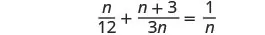 A mathematical equation is displayed on a white background. The equation is n/12 + (n+3)/(3n) = 1/n, featuring fractions with variables in both numerators and denominators.