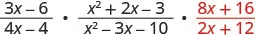 A mathematical expression showing the multiplication of three rational algebraic fractions: (3x-6)/(4x-4), (x^2+2x-3)/(x^2-3x-10), and (8x+16)/(2x+12), with the last fraction in red.