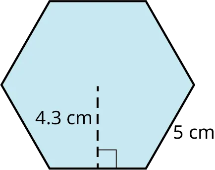 A hexagon. Each side measures 5 centimeters. The apothem is marked 4.3 centimeters.