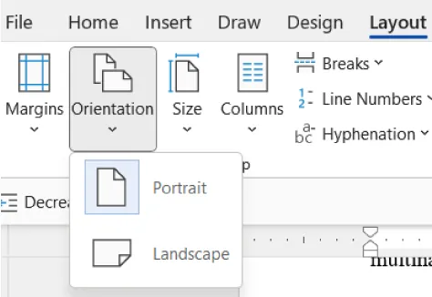 The Layout tab is selected and in the Page Setup command group the Orientation button displays a drop-down pane with Portrait and Landscape available for selection.