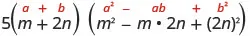 Mathematical expression 5(m+2n)(m²-m*2n+(2n)²), illustrating the sum of cubes factorization. Variables 'a' and 'b' (m and 2n respectively) are highlighted in red.