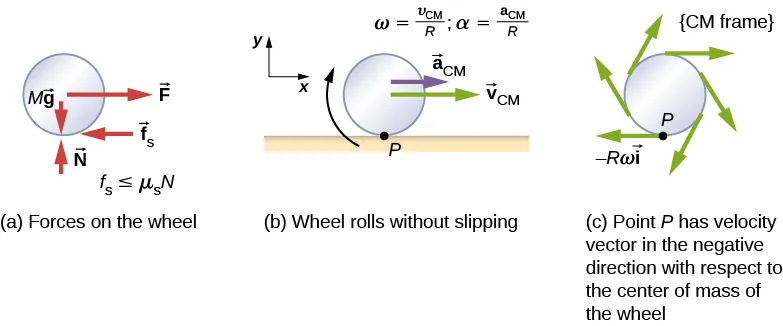 Figure a shows a free body diagram of a wheel, including the location where the forces act. Four forces are shown: M g is a downward force acting on the center of the wheel. N is an upward force acting on the bottom of the wheel. F is a rightward force, acting on the center of the wheel, and f sub s is a leftward force acting on the bottom of the wheel. The force f sub s is smaller or equal to mu sub s times N. Figure b is an illustration of a wheel rolling without slipping on a horizontal surface. Point P is the contact point between the bottom of the wheel and the surface. The wheel has a clockwise rotation, an acceleration to the right of a sub C M and a velocity to the right of v sub V M. The relations omega equals v sub C M over R and alpha equals a sub C M over R are given. A coordinate system with positive x to the right and positive y up is shown. Figure c shows wheel in the center of mass frame. Point P has velocity vector in the negative direction with respect to the center of mass of the wheel. That vector is shown on the diagram and labeled as minus R omega i hat. It is tangent to the wheel at the bottom, and pointing to the left. Additional vectors at various locations on the rim of the wheel are shown, all tangent to the wheel and pointing clockwise.