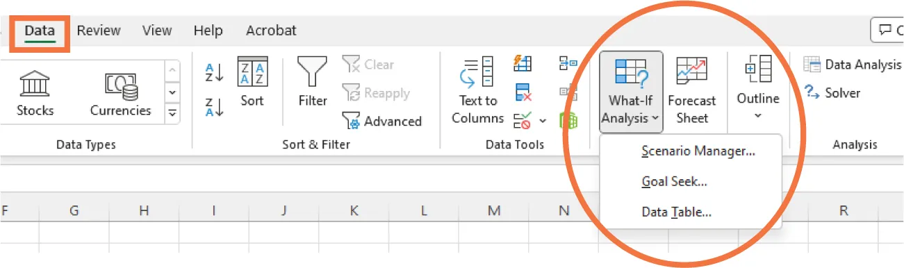 Data tab selected. What-If Analysis button selected and opens to options: Scenario Manager, Goal Seek, and Data Table.