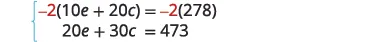 The image shows a system of two linear equations. The first equation is given as -2(10e + 20c) = -2(278), indicating that the original equation has been multiplied by -2 on both sides. The second equation in the system is 20e + 30c = 473.