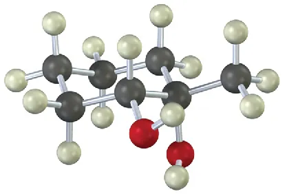 A ball-and-stick model of a chair conformation of six-membered ring with two hydroxyl groups attached to C 1 and C 2. Methyl is bonded to C 1 at the right.