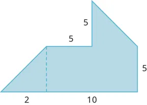 A geometric shape is shown. It is composed of two trapezoids. The base is labeled 10. The height of one trapezoid is 2. The horizontal and vertical sides are all labeled 5.