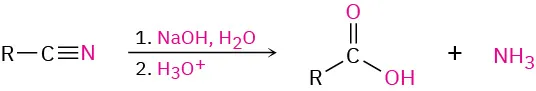 Nitrile reacts first with sodium hydroxide and water, then with hydronium to produce carboxylic acid and ammonia. Nitrile nitrogen becomes ammonia nitrogen.