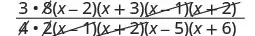 A step-by-step simplification of a rational algebraic expression, demonstrating the cancellation of common factors such as (x-1), (x+2), and numerical terms in both the numerator and denominator.