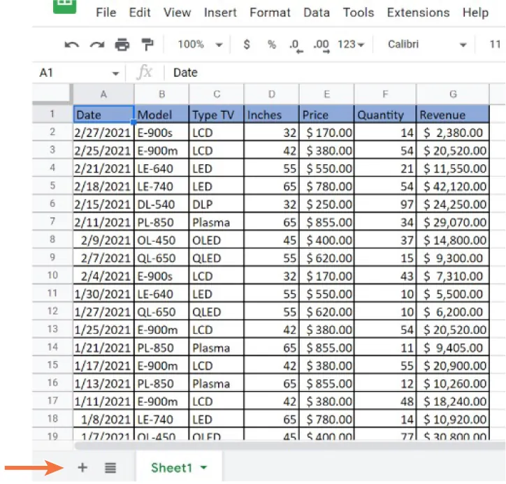 An arrow points to a “+” in the bottom left of Sheet 1.