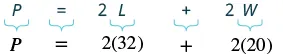 The formula for the perimeter of a rectangle, P = 2L + 2W, with L=32 and W=20 substituted as P = 2(32) + 2(20).