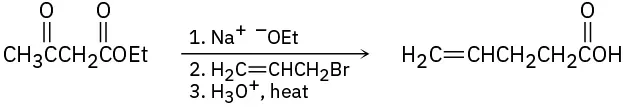 Ethyl acetoacetate is treated first with sodium ethoxide, then with 3- bromo-1-propene, and finally heated in the presence of acid to produce 4-pentenoic acid