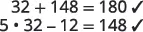 Two mathematical equations with checkmarks indicating correctness are shown: 32 + 148 = 180 and 5 * 32 - 12 = 148.