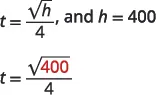 Substitution of h=400 into the equation t = sqrt(h)/4, resulting in t = sqrt(400)/4, demonstrating the first step in solving for t.