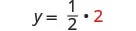 A mathematical equation shows 'y = 1/2 ', with a multiplication dot followed by the number '2' highlighted in red.
