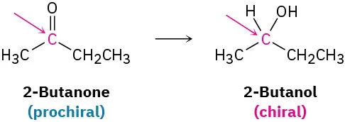 The figure shows a reaction in which 2-butanone (prochiral) forms 2-butanol (chiral). C2 in both structures is highlighted.