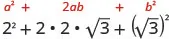 A mathematical expression illustrating the algebraic identity (a+b)^2 = a^2 + 2ab + b^2, with 'a' represented by 2 and 'b' by the square root of 3.