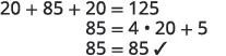 Arithmetic problem: 20 + 85 + 20 = 125. Below, 85 is shown as 4 * 20 + 5, followed by a checkmark confirming 85 = 85. This illustrates a numerical calculation and its verification.