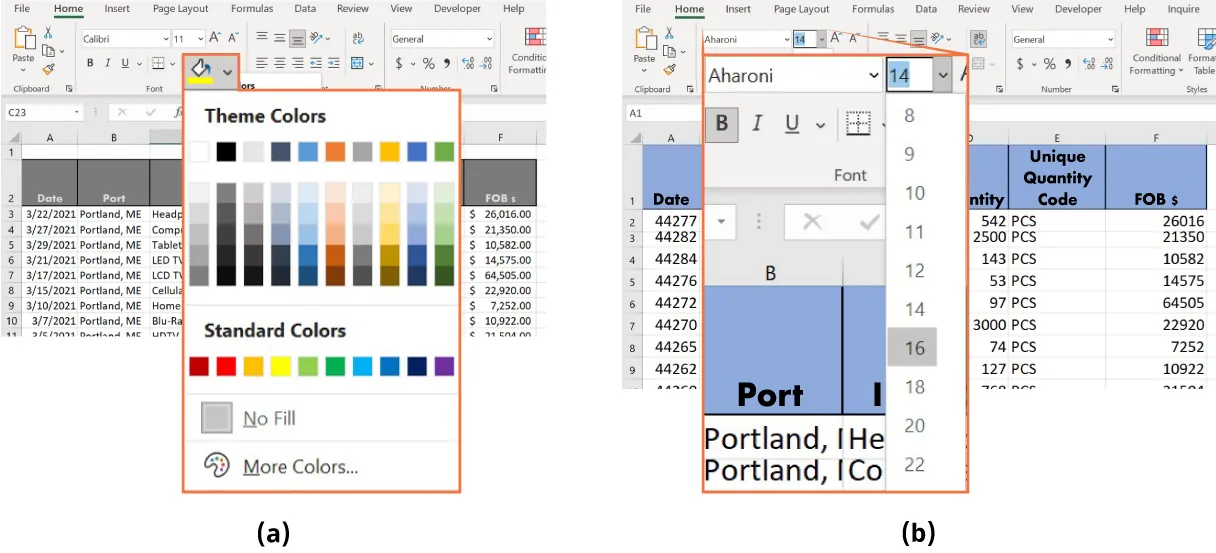 (a) Shading button opens to options: Theme Colors, Standard Colors, No Fill, More Colors. (b) Font size opens to font sizes options. Spreadsheet displays blue fill in row 1 with bold font.