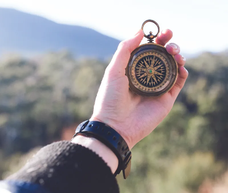 This image shows a person’s hand holding a compass.
