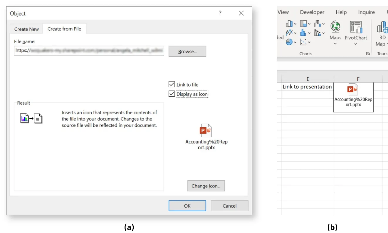 (a) Object window displays Link to file and Display as icon buttons selected. PowerPoint file icon visible at bottom. (b) Cell F1 displays icon for PowerPoint file inserted.