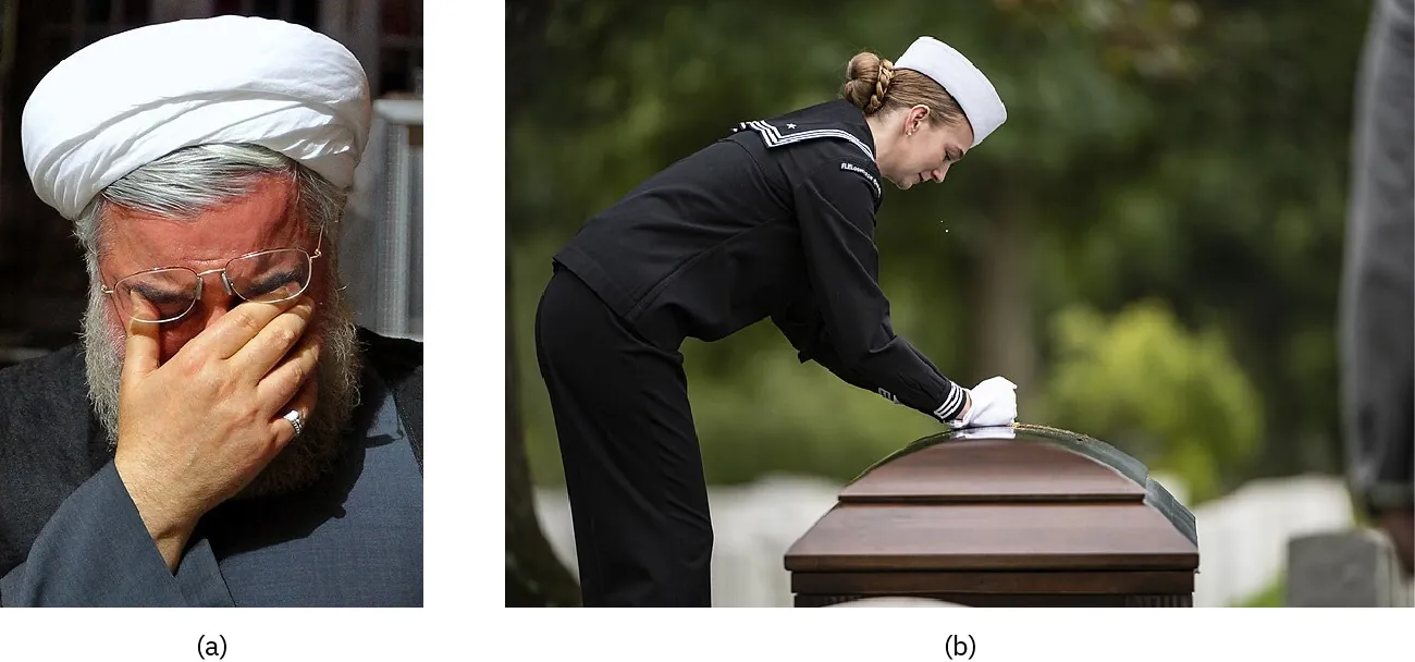 Photos of (a) an individual covering their eyes with their hands while crying and (b) an individual with their hands on a casket, crying.