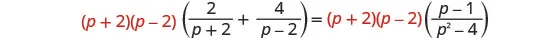 An algebraic equation showing (p+2)(p-2) multiplied by the sum of two fractions on the left side, equaling (p+2)(p-2) multiplied by a single fraction on the right side. The common multiplier (p+2)(p-2) is in red.