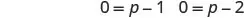 Two mathematical equations are displayed horizontally: 0 = p - 1 followed by 0 = p - 2. The equations use the variable 'p' and integers.