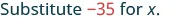 The image shows the text 'Substitute -35 for x.' in a light blue-grey font, with '-35' highlighted in red, against a white background.