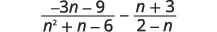 A mathematical expression showing the subtraction of two algebraic fractions. The first fraction is (-3n-9)/(n^2+n-6) and the second is (n+3)/(2-n).