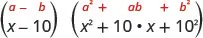 (a - b)(a^2 + ab + b^2) and (x - 10)(x^2 + 10 * x + 10^2) are shown, illustrating the difference of cubes factorization.