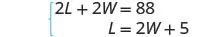A system of two linear equations is presented, with the first equation being 2L + 2W = 88 and the second equation being L = 2W + 5, enclosed by a left curly brace.