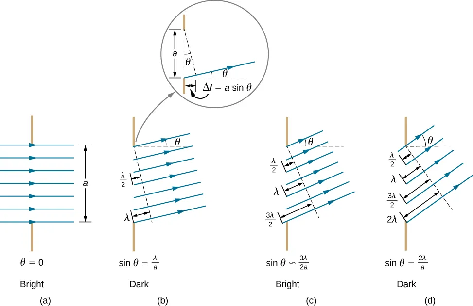 Figure a shows horizontal rays passing from left to right through a vertical slit of length a. This is labeled theta equal to zero, bright. Figure b shows rays passing through the slit at an angle theta to the horizontal. This is labeled sine theta equal to lambda by a, dark. A dotted line perpendicular to the rays touches the top of the slit. Its perpendicular distance from the bottom of the slit is lambda and that from the center of the slit is lambda by 2. A separate view shows the dotted line being at an angle theta to the vertical. It intersects the ray starting from the bottom of the slit at a particular point. The horizontal distance of this point from the slit is delta l equal to a sine theta. Figure c shows rays passing through the slit at an angle theta to the horizontal. This is labeled sine theta equal to 3 lambda by 2 a, bright. A dotted line perpendicular to the rays touches the top of the slit. Its perpendicular distance from the bottom of the slit is 3 lambda by 2. Figure d shows rays passing through the slit at an angle theta to the horizontal. This is labeled sine theta equal to 2 lambda by a, dark. A dotted line perpendicular to the rays touches the top of the slit. Its perpendicular distance from the bottom of the slit is 2 lambda.