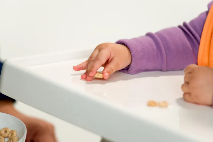 Infant displaying pincer grasp (picking up a small piece of cereal).