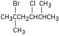 A six-carbon alkyl chain with Br and CH3 on the C2 position, Cl on the C4 position, and CH3 on the C5 position.
