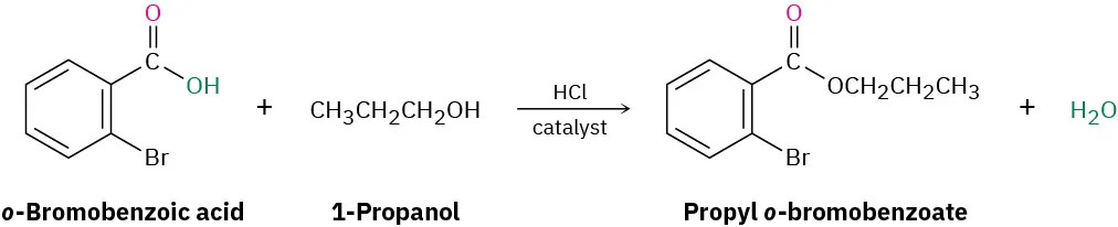 The reaction between o-bromobenzoic acid and 1-propanol using a hydrochloric acid catalyst gives propyl-o-bromobenzoate and water. The bromine atom is ortho to the propoxy carbonyl group in benzene ring.