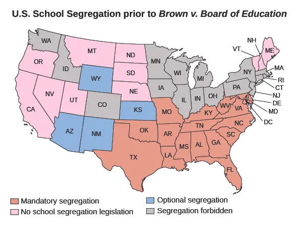 A map entitled “U.S. School Segregation prior to Brown v. Board of Education” shows the states in which school segregation was mandatory; the states in which school segregation was optional; the states in which school segregation was forbidden; and the states in which school segregation legislation did not exist. States with mandatory school segregation included Texas, Oklahoma, Missouri, Arkansas, Louisiana, Kentucky, Tennessee, Mississippi, West Virginia, Alabama, Virginia and Maryland (including Washington, D.C.), Delaware, North Carolina, South Carolina, Georgia, and Florida. States with optional school segregation included Arizona, Wyoming, New Mexico, and Kansas. States forbidding school segregation included Washington, Idaho, Colorado, Minnesota, Iowa, Wisconsin, Illinois, Michigan, Indiana, Ohio, Pennsylvania, New York, Massachusetts, Rhode Island, Connecticut, and New Jersey. States with no school segregation legislation included Oregon, California, Nevada, Utah, Montana, North Dakota, South Dakota, Nebraska, Maine, New Hampshire, and Vermont.