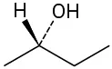 A carbon is single-bonded to wedge hydrogen (front),  dash bonded to hydroxyl (behind ), ethyl (right), and methyl (left).