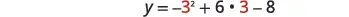 Equation showing how to calculate y using the formula y equals negative three squared plus six times three minus eight. The numbers three and eight are highlighted.