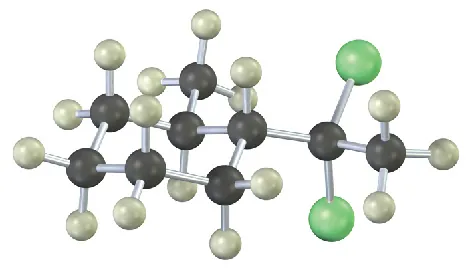 A ball and stick model of a substituted cyclohexanxe. Carbon and hydrogen are denoted using gray and white spheres, respectively. Two chlorine groups are denoted using green spheres.