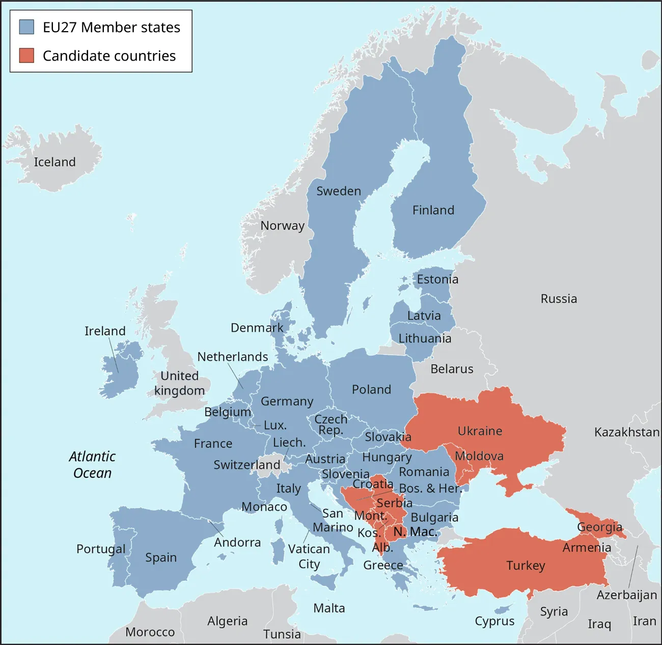 A map of Europe is color coded to show the E U 27 Member States, and those that are candidate countries.