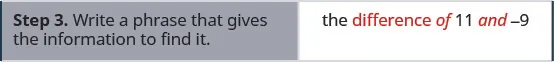Step 3 is to write a phrase that gives the information to find it. In this case, the phrase is the difference of 11 and minus 9.
