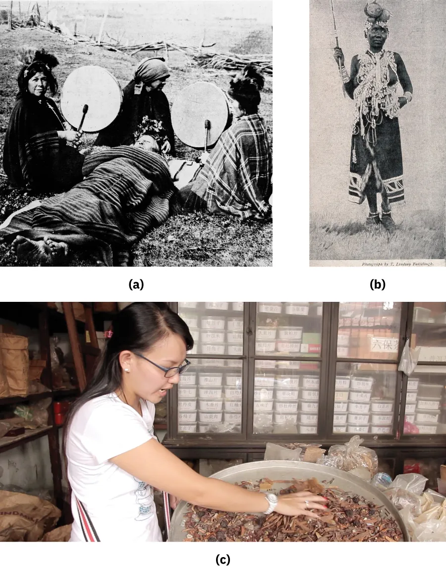 A collection of three images is shown. Image (a) is a photograph of indigenous women in Chile; image (b) is a photograph of a Zulu shaman in Basutoland, and image (c) is a photograph of a modern proprietor of a traditional Chinese medicine shop in Malaysia mixing medicines.